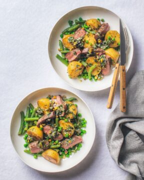 Lamb Loins with Pistachio Salsa Verde & Minty Potato Green Salad